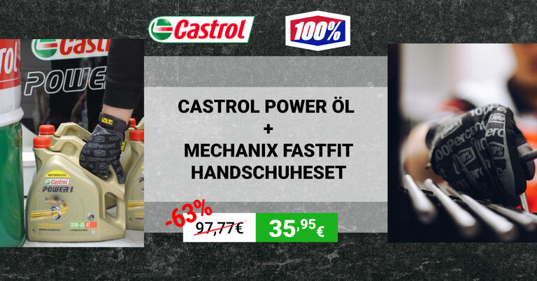 Castrol Power Öl + 100% Mechanix Fastfit Handschuheset
